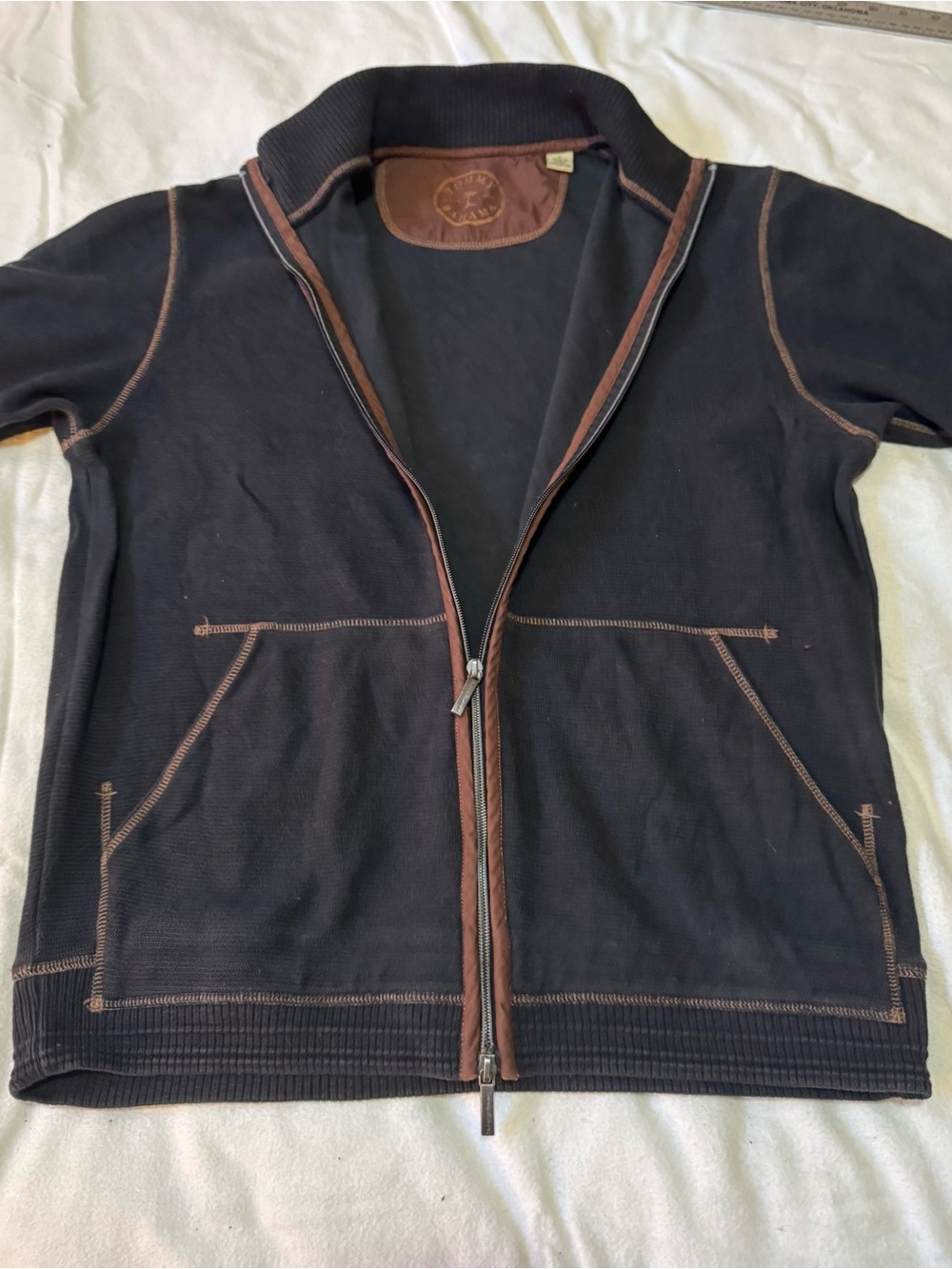 Tommy Bahama 100% Cotton Full Zip Jacket Men’s S Black Brown Contrast Stitch